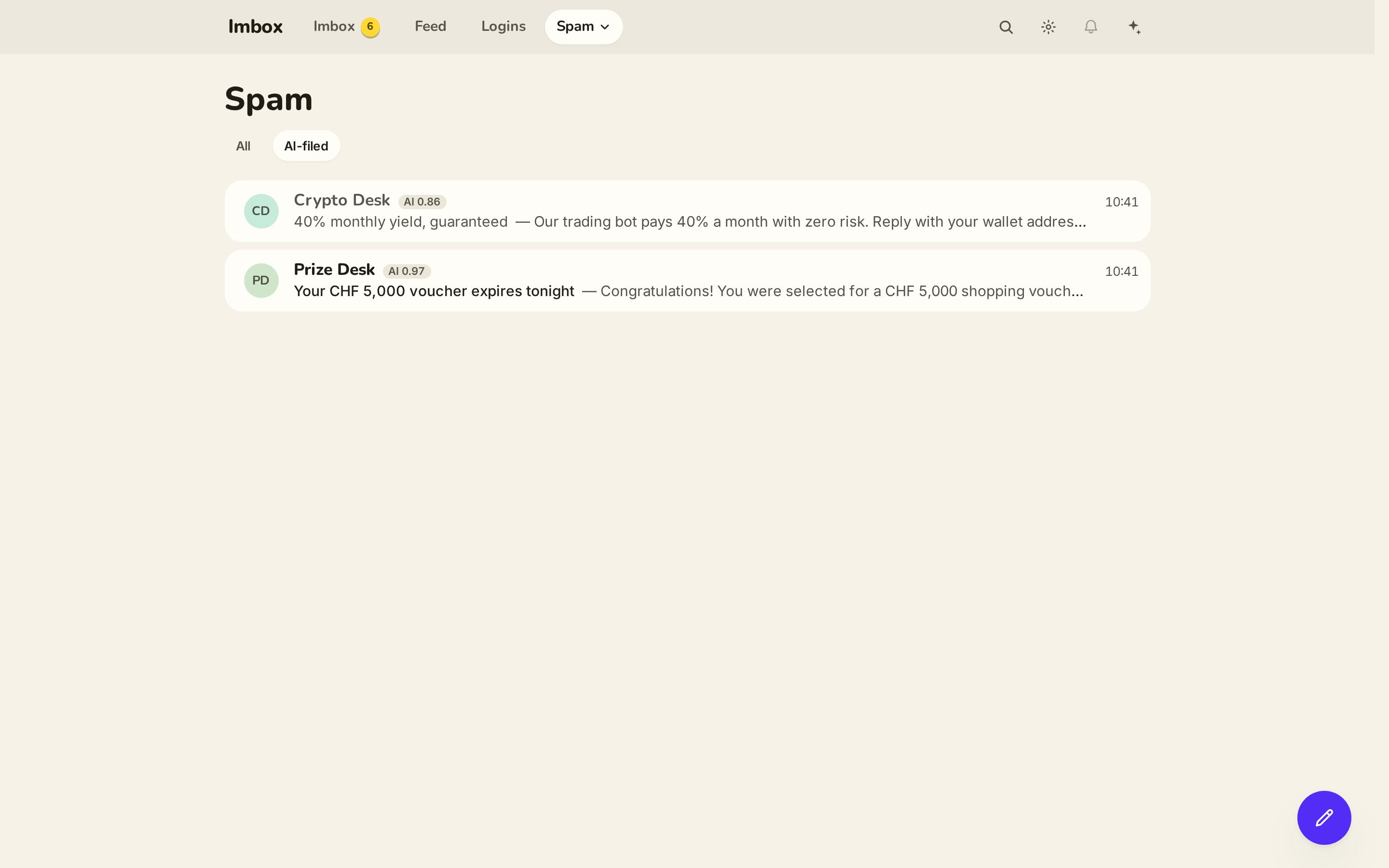 Spam list with the AI-filed chip selected: two AI rows.