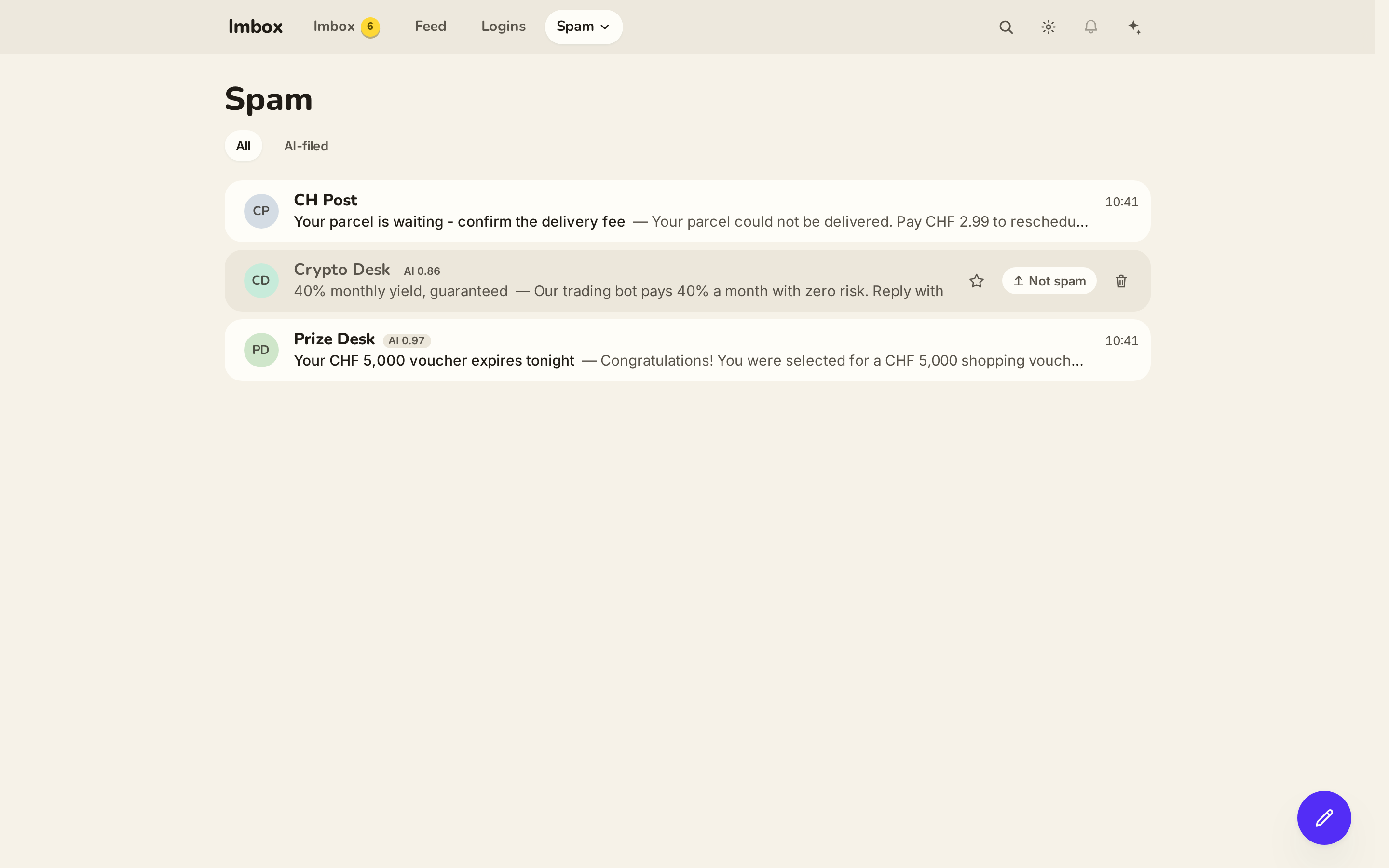 Hovered AI-filed row on the PR with the Not spam pill.