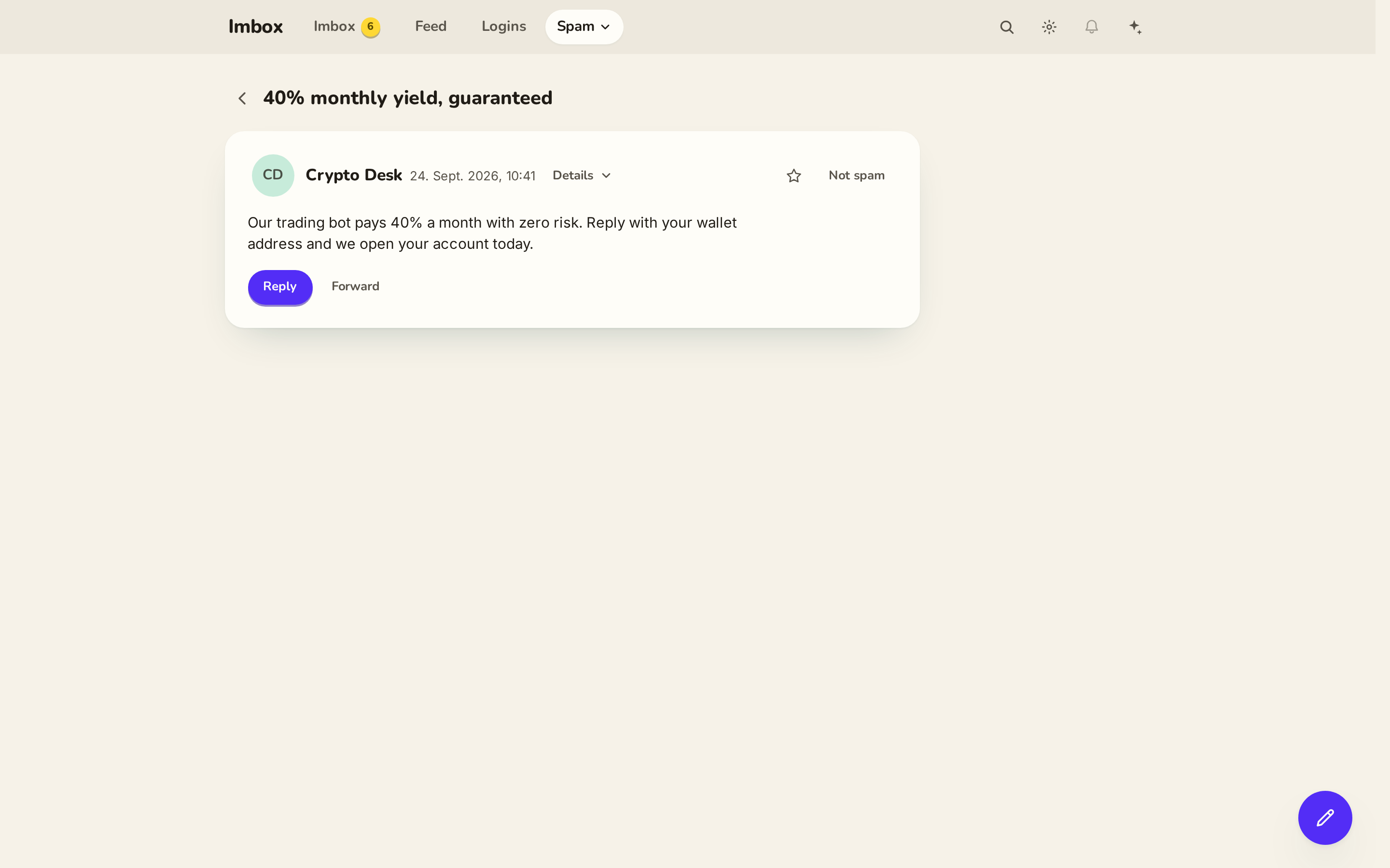 Spam reader for Crypto Desk with Not spam in the header.
