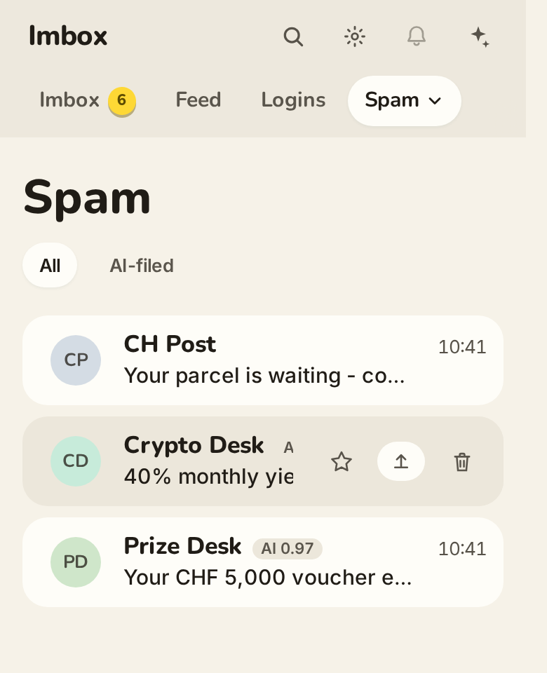 Hovered AI row on the PR at 390 px with the icon-only Not spam action.
