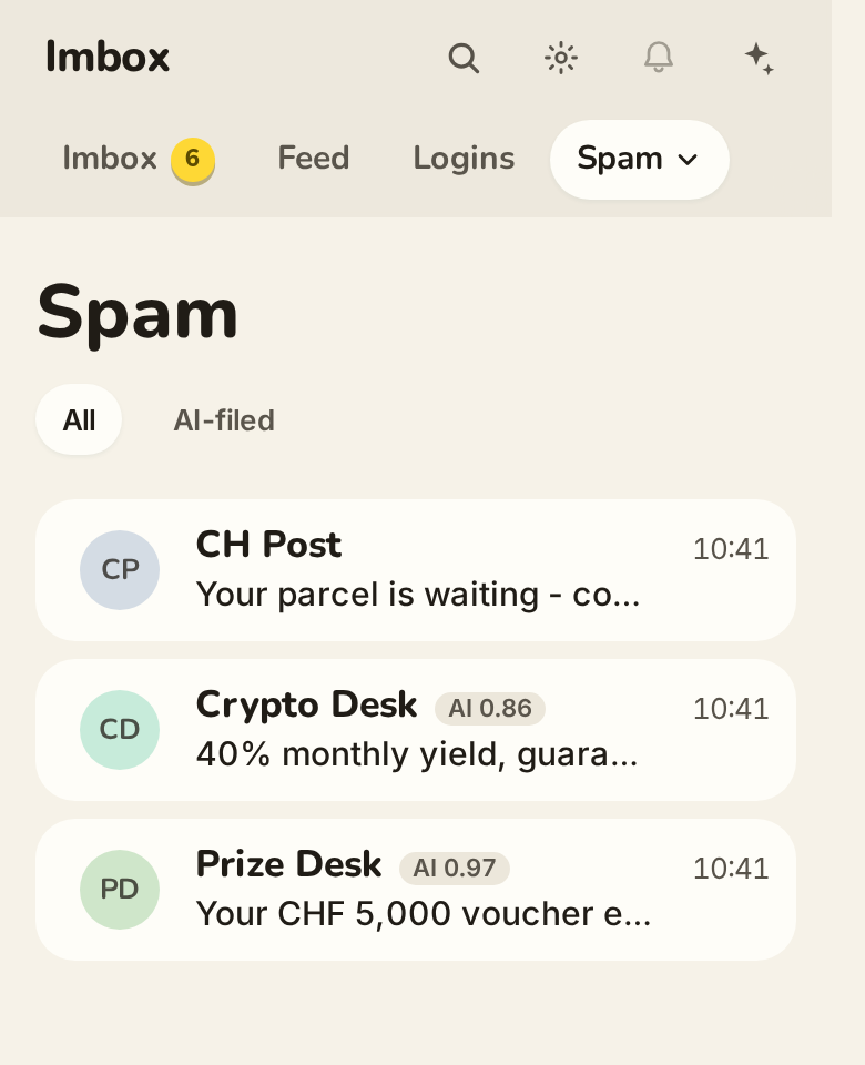 Spam list on the PR at 390 px with chips and AI labels.