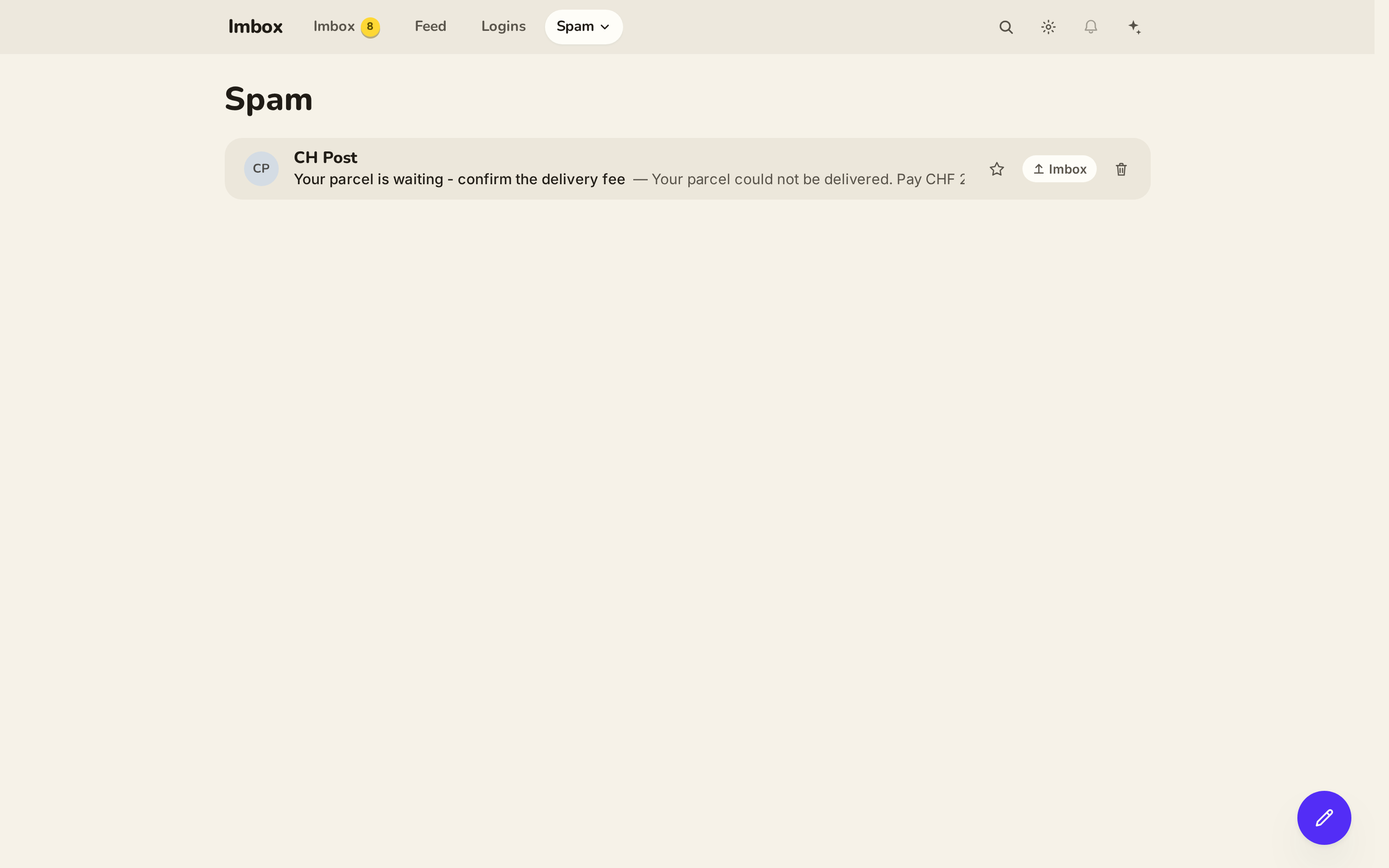Hovered Spam row on main with the Imbox pill.