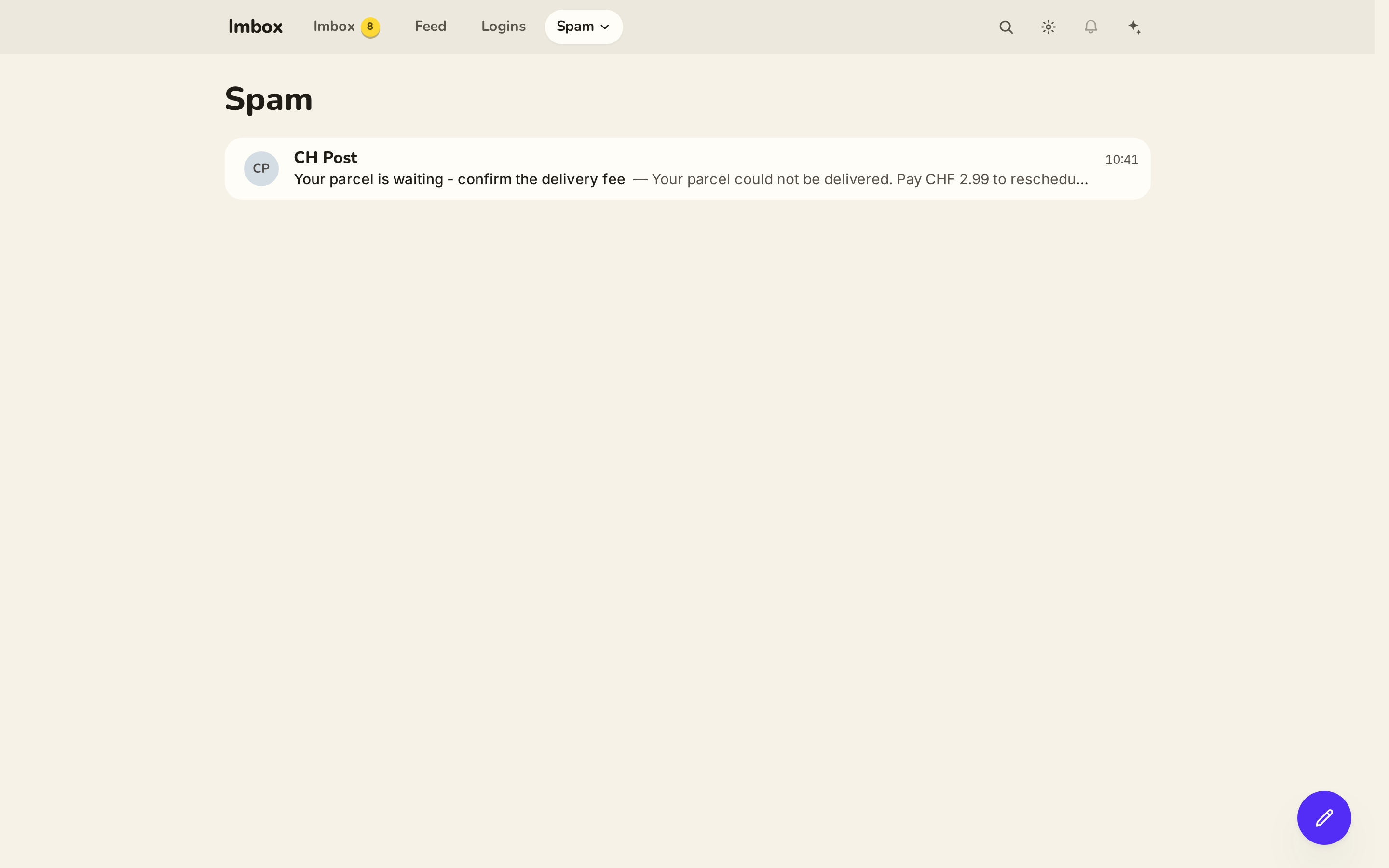 Spam list on main: one row, CH Post, no filter chips.